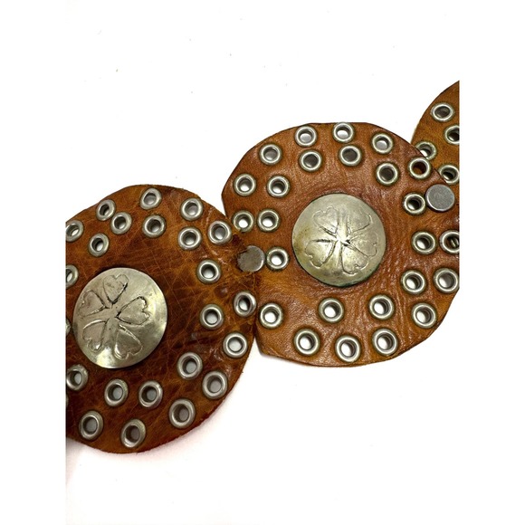 Leather Grommet Studded Round Disk Belt Floral Buckle Conchos 1970\'s main image 5